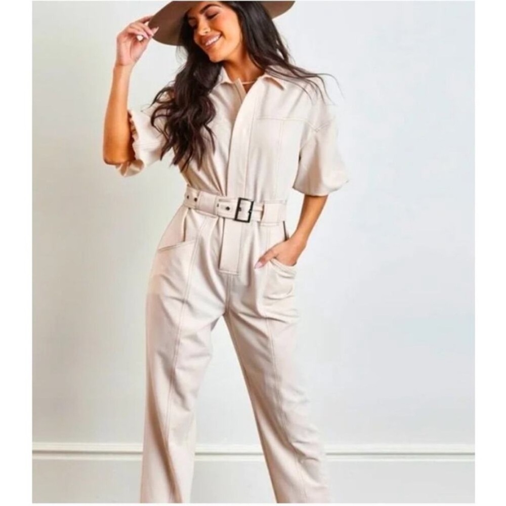 Kittenish‎ Puff Sleeve Utility Belted Jumpsuit Womens Size Small Cream Beige